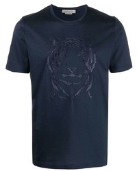 dunkelblaues besticktes T-Shirt mit einem Rundhalsausschnitt von Corneliani
