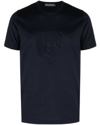 dunkelblaues besticktes T-Shirt mit einem Rundhalsausschnitt von Corneliani