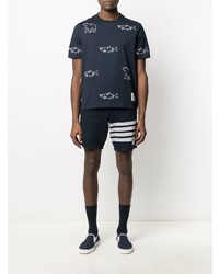 dunkelblaues besticktes T-Shirt mit einem Rundhalsausschnitt von Thom Browne