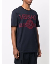 dunkelblaues besticktes T-Shirt mit einem Rundhalsausschnitt von Versace