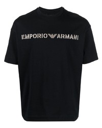 dunkelblaues besticktes T-Shirt mit einem Rundhalsausschnitt von Emporio Armani