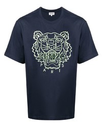 dunkelblaues besticktes T-Shirt mit einem Rundhalsausschnitt von Kenzo