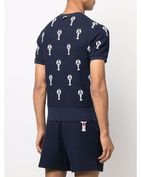 dunkelblaues besticktes T-Shirt mit einem Rundhalsausschnitt von Thom Browne