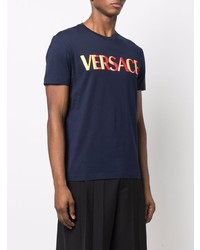 dunkelblaues besticktes T-Shirt mit einem Rundhalsausschnitt von Versace