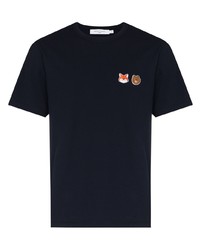 dunkelblaues besticktes T-Shirt mit einem Rundhalsausschnitt von MAISON KITSUNÉ