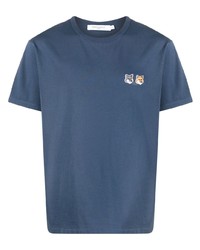 dunkelblaues besticktes T-Shirt mit einem Rundhalsausschnitt von MAISON KITSUNÉ