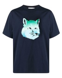 dunkelblaues besticktes T-Shirt mit einem Rundhalsausschnitt von MAISON KITSUNÉ