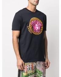 dunkelblaues besticktes T-Shirt mit einem Rundhalsausschnitt von Versace