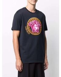 dunkelblaues besticktes T-Shirt mit einem Rundhalsausschnitt von Versace