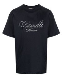 dunkelblaues besticktes T-Shirt mit einem Rundhalsausschnitt von Roberto Cavalli