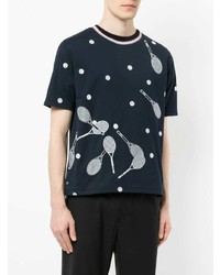 dunkelblaues besticktes T-Shirt mit einem Rundhalsausschnitt von Thom Browne