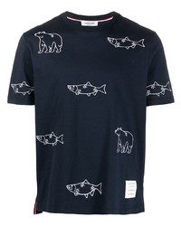 dunkelblaues besticktes T-Shirt mit einem Rundhalsausschnitt von Thom Browne