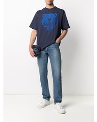 dunkelblaues besticktes T-Shirt mit einem Rundhalsausschnitt von Kenzo