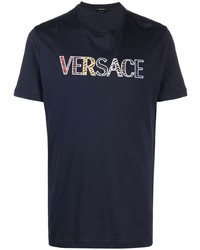 dunkelblaues besticktes T-Shirt mit einem Rundhalsausschnitt von Versace