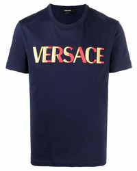 dunkelblaues besticktes T-Shirt mit einem Rundhalsausschnitt von Versace