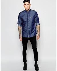 dunkelblaues Chambray Langarmhemd von Fred Perry