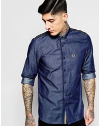dunkelblaues Chambray Langarmhemd von Fred Perry