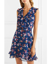 dunkelblaues gerade geschnittenes Kleid aus Seide mit Blumenmuster von Saloni