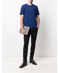 dunkelblaues horizontal gestreiftes T-Shirt mit einem Rundhalsausschnitt von Saint Laurent