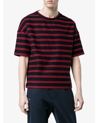 dunkelblaues horizontal gestreiftes T-Shirt mit einem Rundhalsausschnitt von Jil Sander