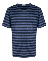 dunkelblaues horizontal gestreiftes T-Shirt mit einem Rundhalsausschnitt von Saint Laurent