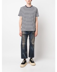 dunkelblaues horizontal gestreiftes T-Shirt mit einem Rundhalsausschnitt von Junya Watanabe