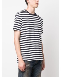 dunkelblaues horizontal gestreiftes T-Shirt mit einem Rundhalsausschnitt von Junya Watanabe