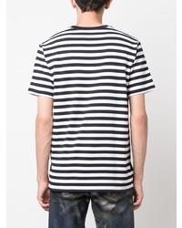 dunkelblaues horizontal gestreiftes T-Shirt mit einem Rundhalsausschnitt von Junya Watanabe