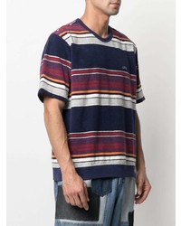 dunkelblaues horizontal gestreiftes T-Shirt mit einem Rundhalsausschnitt von Stussy