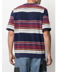 dunkelblaues horizontal gestreiftes T-Shirt mit einem Rundhalsausschnitt von Stussy