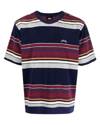 dunkelblaues horizontal gestreiftes T-Shirt mit einem Rundhalsausschnitt von Stussy
