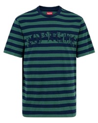 dunkelblaues horizontal gestreiftes T-Shirt mit einem Rundhalsausschnitt von Supreme