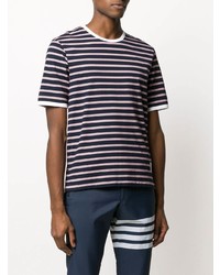 dunkelblaues horizontal gestreiftes T-Shirt mit einem Rundhalsausschnitt von Thom Browne