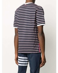 dunkelblaues horizontal gestreiftes T-Shirt mit einem Rundhalsausschnitt von Thom Browne