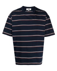 dunkelblaues horizontal gestreiftes T-Shirt mit einem Rundhalsausschnitt von YMC