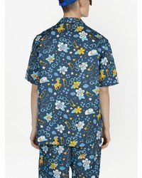 dunkelblaues Kurzarmhemd mit Blumenmuster von Gucci