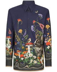 dunkelblaues Langarmhemd mit Blumenmuster von Dolce & Gabbana