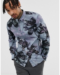 dunkelblaues Langarmhemd mit Blumenmuster von Twisted Tailor