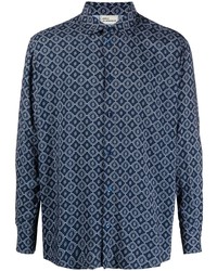 dunkelblaues Langarmhemd mit geometrischem Muster von Drôle De Monsieur