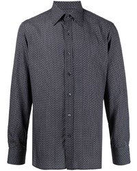 dunkelblaues Langarmhemd mit geometrischem Muster von Tom Ford