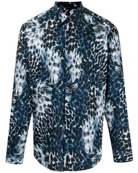 dunkelblaues Langarmhemd mit Leopardenmuster von Roberto Cavalli