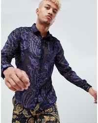 dunkelblaues Langarmhemd mit Paisley-Muster von ASOS DESIGN
