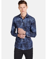 dunkelblaues Langarmhemd mit Paisley-Muster von SHIRTMASTER