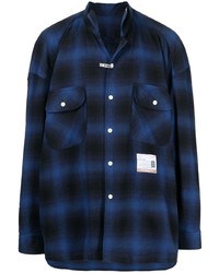 dunkelblaues Langarmhemd mit Schottenmuster von Maison Mihara Yasuhiro