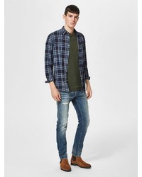 dunkelblaues Langarmhemd mit Schottenmuster von Selected Homme