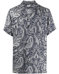 dunkelblaues Leinen Kurzarmhemd mit Paisley-Muster