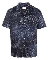 dunkelblaues Leinen Kurzarmhemd mit Paisley-Muster von Altea