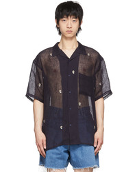 dunkelblaues Leinen Kurzarmhemd mit Paisley-Muster von Kuro