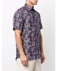 dunkelblaues Leinen Kurzarmhemd mit Paisley-Muster von Etro