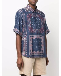 dunkelblaues Leinen Kurzarmhemd mit Paisley-Muster von Etro